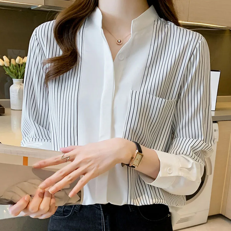 

Blusas Femininas Elegantes Tops for Women 2022 Long Sleeve Blouse Stripe Chiffon Tops for Women Buttoned Shirts V-Neck Spliced
