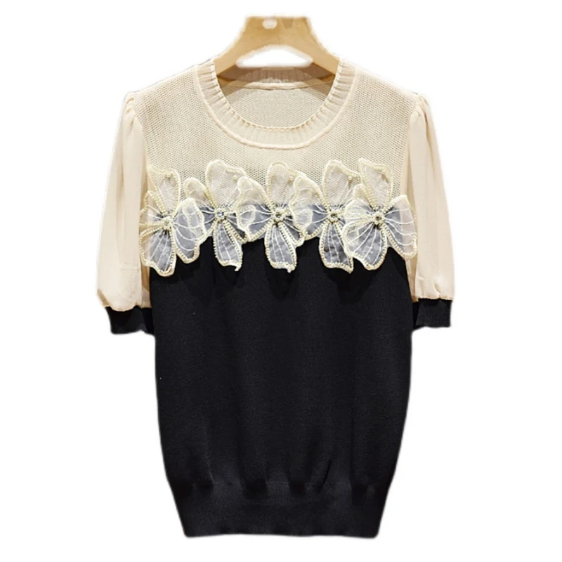 Casual Women Ice Silk Tops Fashion Beaded Blouse Elegant Flower Round Collar Mesh Spliced Knitted Shirt Clothes Blusas 27247
Casual Women Ice Silk Tops Fashion Beaded Blouse Elegant Flower Round Collar Mesh Spliced Knitted Shirt Clothes Blusas 27247