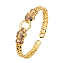 Vintage Double Jaguar Safari Animal Leopard Head Bangle Clamper Hinged Bracelet Costume Jewelry Gift for Her