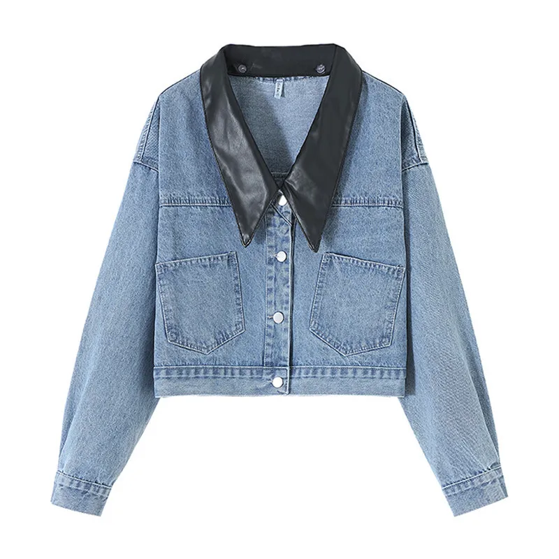 Vintage Contrast Color Faux Leather Lapel Patchwork Denim Jacket Women Short Coat Spring Casual Long Sleeve Female Jeans Jacket
Vintage Contrast Color Faux Leather Lapel Patchwork Denim Jacket Women Short Coat Spring Casual Long Sleeve Female Jeans Jacket