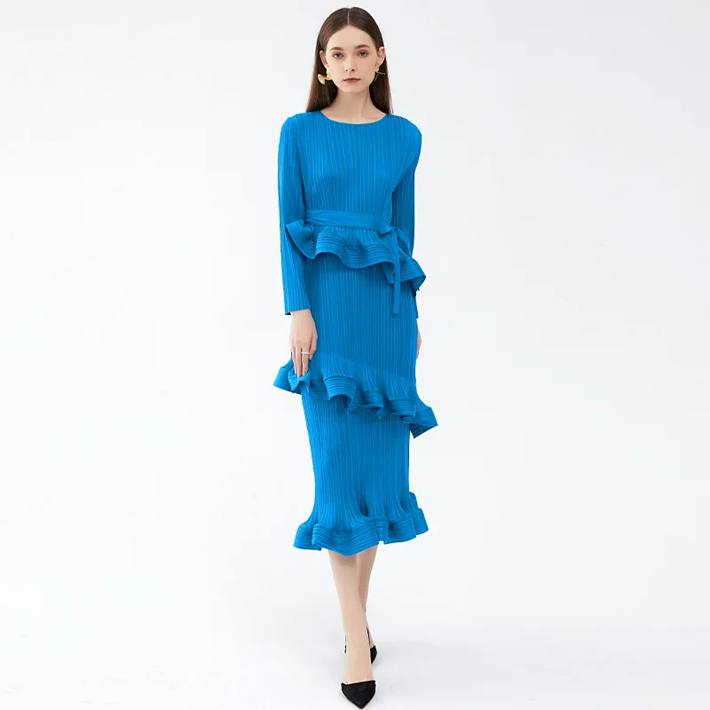 

Женское плиссированное платье макси, длинное платье контрастных цветов с круглым вырезом и рукавом три четверти, лето 2023