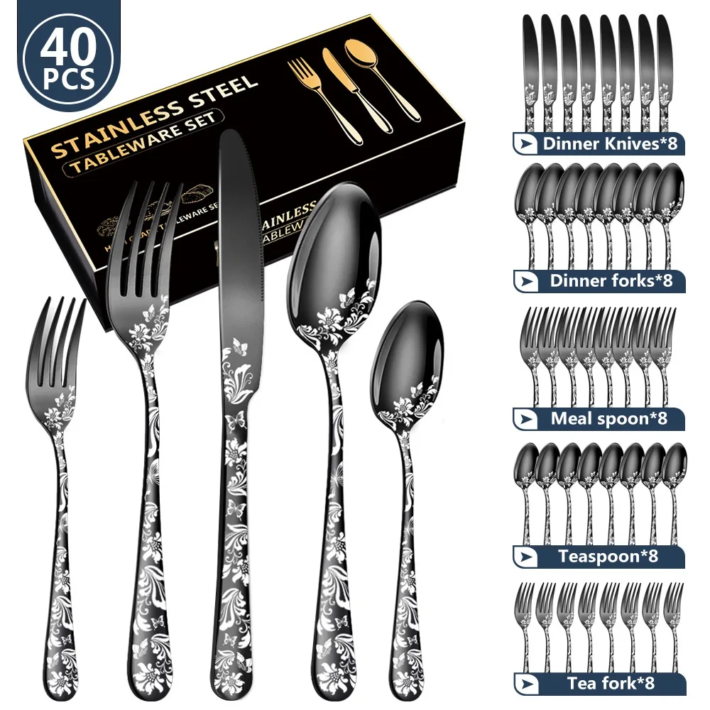 40 Pieces Of Flower Pattern Stainless Steel Tableware Set 8 People Dinnerware Set Gold Plated Steak Knife Fork Spoon Set
40 Pieces Of Flower Pattern Stainless Steel Tableware Set 8 People Dinnerware Set Gold Plated Steak Knife Fork Spoon Set