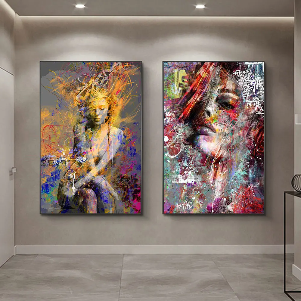 

Красочный Женский портрет граффити художественные плакаты печать абстрактный холст подарок девушка фотография искусства для домашнего декора