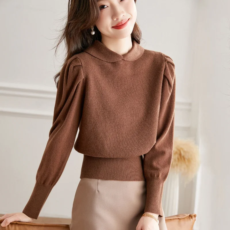 

Knitwear New Women Spring and Autumn Clothes Long Sleeve Splicing Doll Collar Bottoming Fashion Versatile Slim Lady Sweater E921