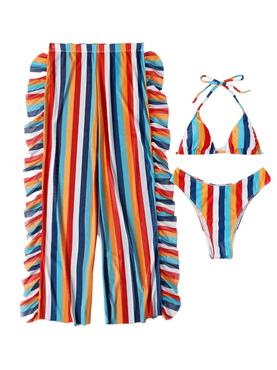 

Женские купальники бикини из 3 предметов, разноцветный полосатый бюстгальтер с лямкой на шее и мягкими чашечками, накидки с оборками, брюки, комплект купального костюма
