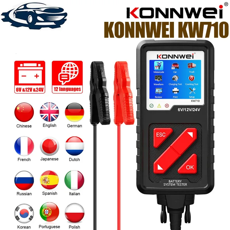 Тестер заряда аккумулятора KONNWEI KW710, 6 в/12 В/24 В, 100-2000CCA 
Тестер заряда аккумулятора KONNWEI KW710, 6 в/12 В/24 В, 100-2000CCA