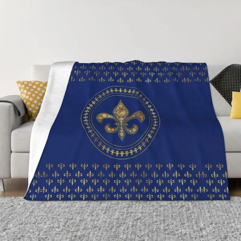 

Fleur De Lys Gold And Royal Blue Blankets Soft Flannel Sprint Fleur De Lis Lily Flower Throw Blanket for Couch Travel Bedding