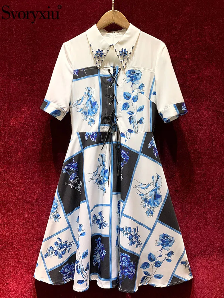 Svoryxiu Women's Summer Vintage Party Designer Short Dress Short Sleeve Diamond Blue Flower Print Slim Mini Dresses Vestdios
Svoryxiu Women's Summer Vintage Party Designer Short Dress Short Sleeve Diamond Blue Flower Print Slim Mini Dresses Vestdios