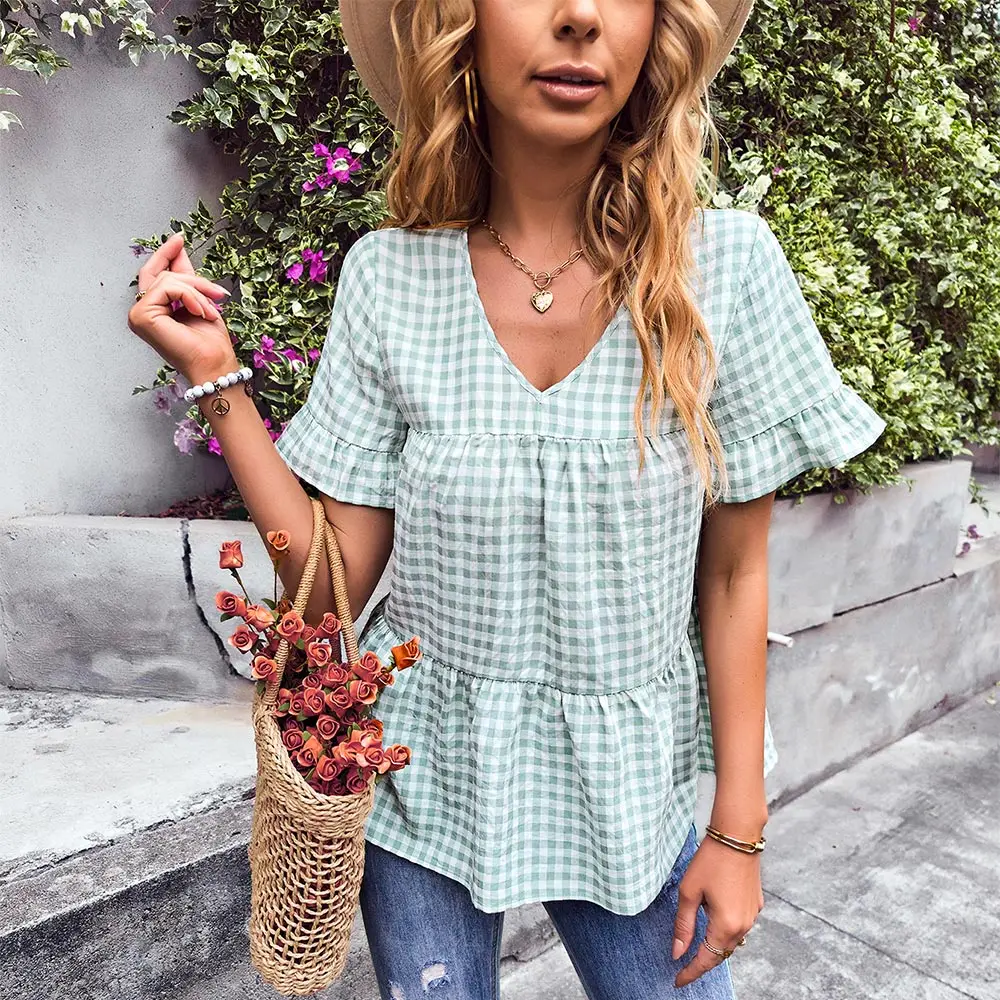 Gaovot Fashion Womens Summer Tops V-neck Flare Sleeve Plaid Shirt Casual Women Clothing Elegant Ladies Leisure Blouses
Gaovot Fashion Womens Summer Tops V-neck Flare Sleeve Plaid Shirt Casual Women Clothing Elegant Ladies Leisure Blouses