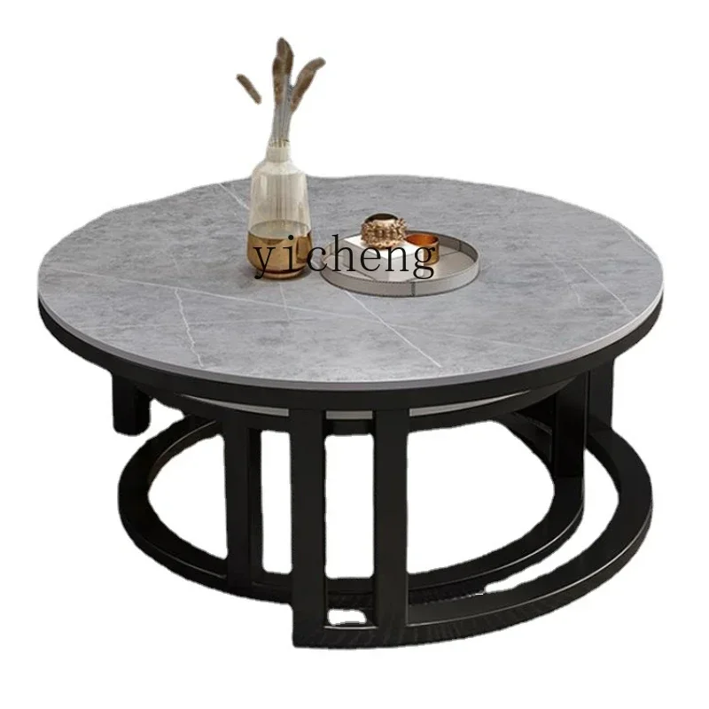 

ZC Stone Plate Coffee Table Living Room Home Small Apartment Simple Retractable Side Table round Modern Tea Table