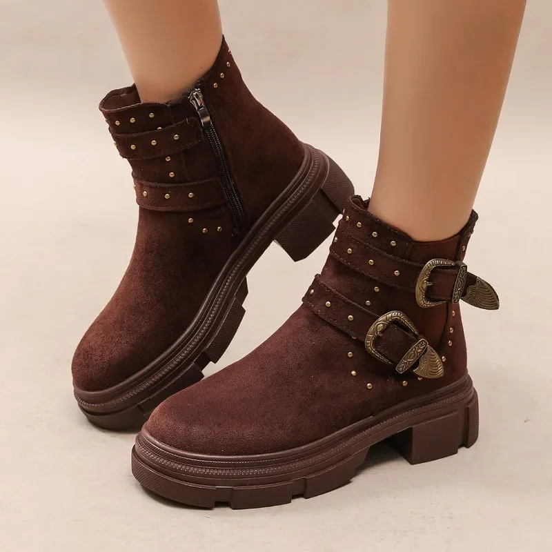 

Retro Thick Heel Platform Short Boots Women's Autumn Winter New Casual Belt Buckle Side Zipper Laides Shoes Punk Rivet Botines