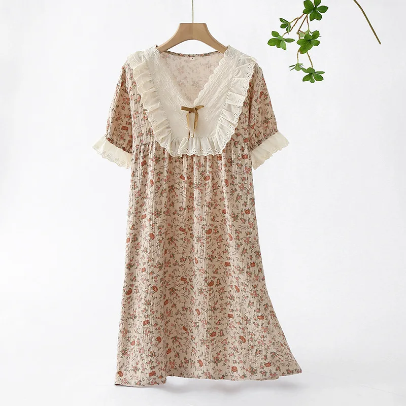 Women's Summer Cotton Lace Short Sleeve Nightwear Dress Loose Breathable V-neck Rose Printed Homewear Female Sleepwear Dress
Women's Summer Cotton Lace Short Sleeve Nightwear Dress Loose Breathable V-neck Rose Printed Homewear Female Sleepwear Dress