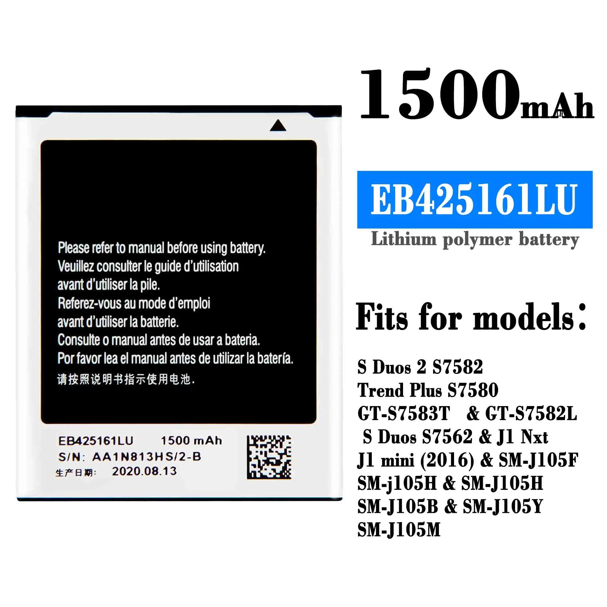 New Battery EB425161LU For Samsung J1 Mini Prime SM-J106F SM-J105H S7562 S7560 S7566 S7568 S7572 S7580 i8190 I8160 S7582
New Battery EB425161LU For Samsung J1 Mini Prime SM-J106F SM-J105H S7562 S7560 S7566 S7568 S7572 S7580 i8190 I8160 S7582