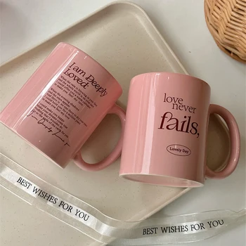300-400ml Pink Ceramic Coffee Mug Vintage Letter Breakfast Milk Mug Water Cup Latte Coffee Cup Office Couple Cup Girls Gifts