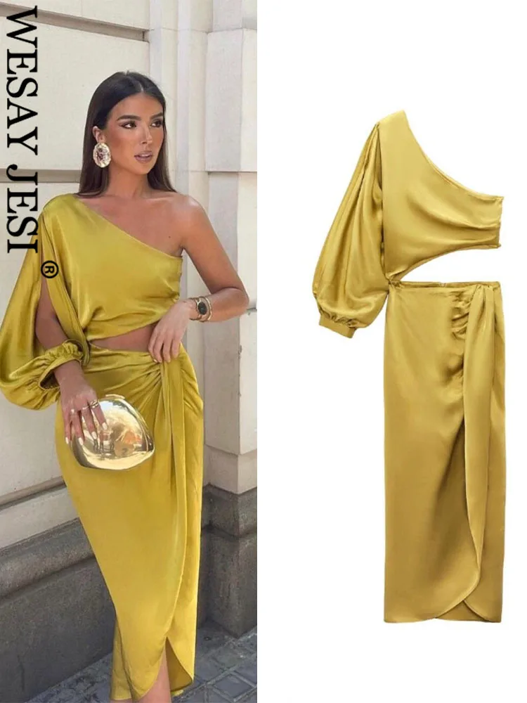 

WESAY JESI TRAF Sexy Asymmetric Satin Elegant Dress Woman Cut Out Long Dress Women Ruched DressesShoulder Dresses