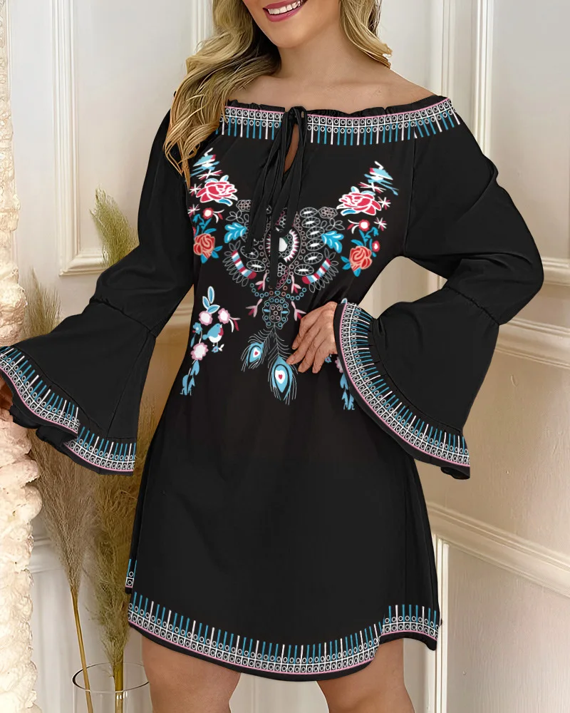 

Dresses for Women 2023 Summer Floral Tribal Print Ethnic Style Casual Off Shoulder Bell Sleeve Fashion Mini Dress Female Vestido