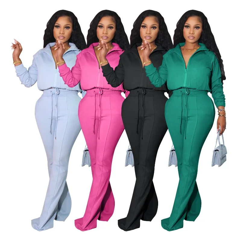 Solid Slim Casual Sporty Two Piece Set Women Autumn Stand Collar Long Sleeve Zipper Drawstring Top High Waist Flare Jogger Pants
Solid Slim Casual Sporty Two Piece Set Women Autumn Stand Collar Long Sleeve Zipper Drawstring Top High Waist Flare Jogger Pants