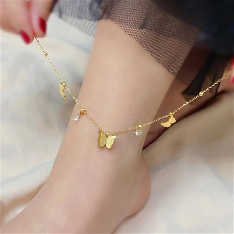 

Gold Color Plated Stainless Steel Butterfly Anklets Barefoot Crochet Sandals Crystal Anklet Bracelets For Women Trendy Jewelry