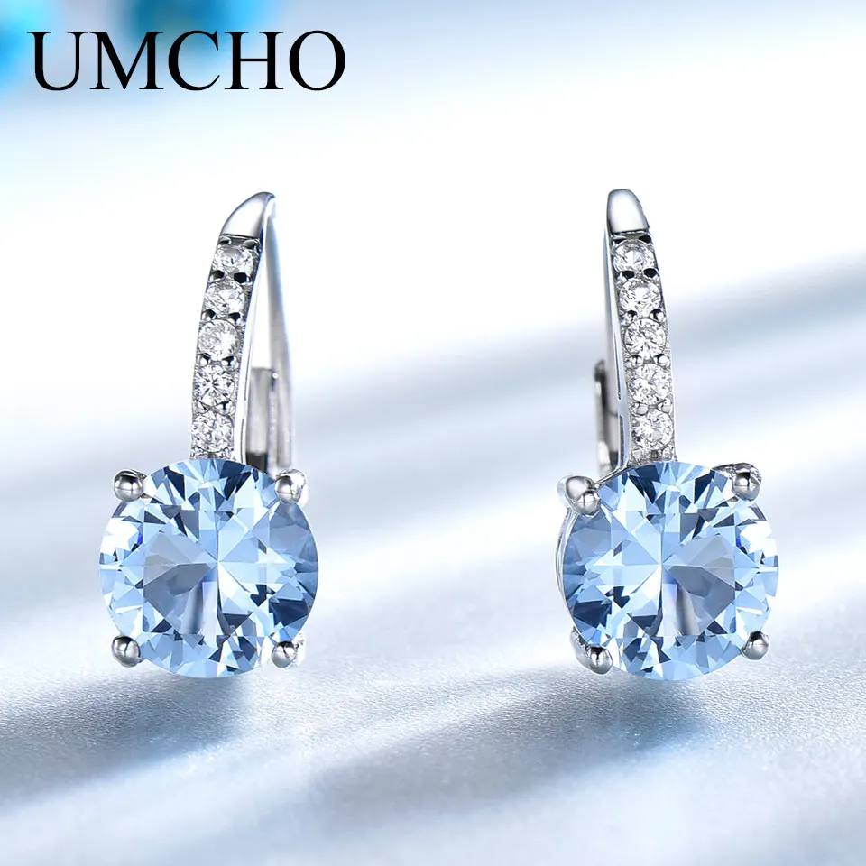

UMCHO Real 925 Sterling Silver Clip Earrings For Women Gemstone Sky Blue Topaz Round Wedding Valentine's Gift Fine Jewelry