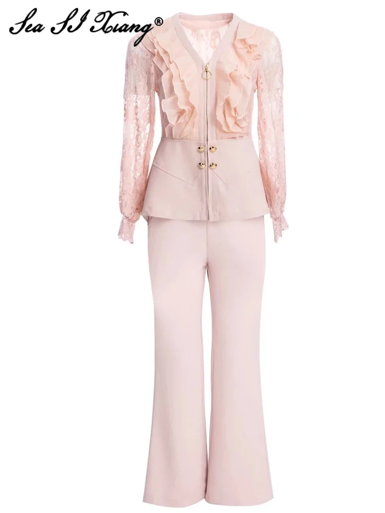 Женский костюм из двух предметов Seasixiang, дизайнерский кружевной топ с V-образным вырезом, оборками и рукавами-фонариками и расклешенные брюк...
Женский костюм из двух предметов Seasixiang, дизайнерский кружевной топ с V-образным вырезом, оборками и рукавами-фонариками и расклешенные брюк...