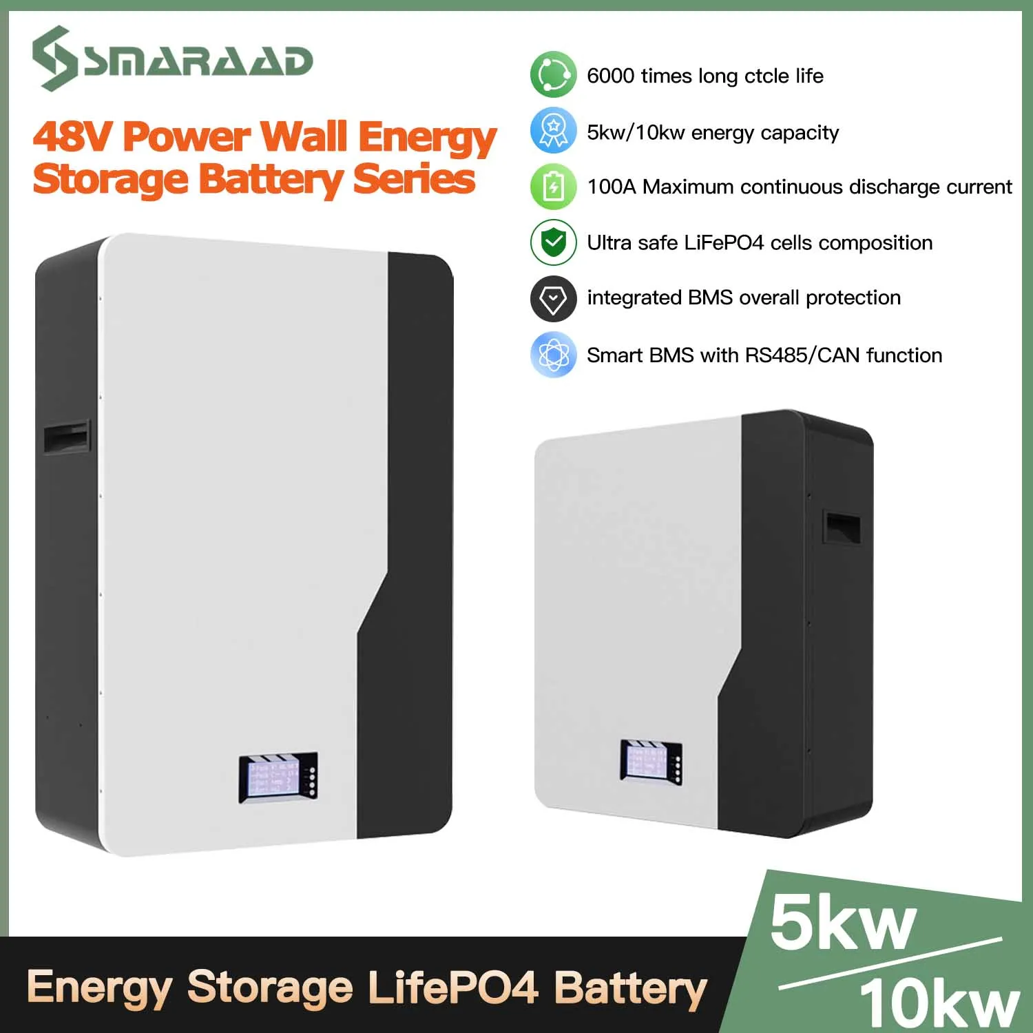 

SMARAAD 48V Powerwall 100Ah 200Ah LiFePO4 Battery 6000+ Cycle CAN RS485 16S BMS 51.2V 5KW 10KW Parallel For PV Solar Off/On Grid