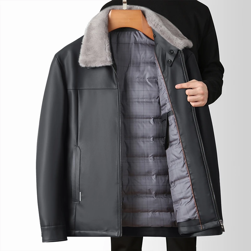 

Бизнес и отдых PU кожа, теплая куртка, куртка из утки, зима 2023, чистый цвет, съемный воротник, пуховик, толстый пальто для взрослых