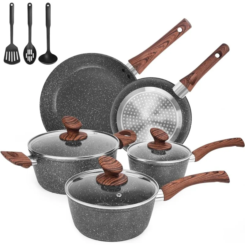 

M MELENTA Granite Pots and Pans Set Ultra Nonstick, 11 Piece Die-Cast Cookware Sets with Frying Pan, Sauce Pan, Stockpot, Stay