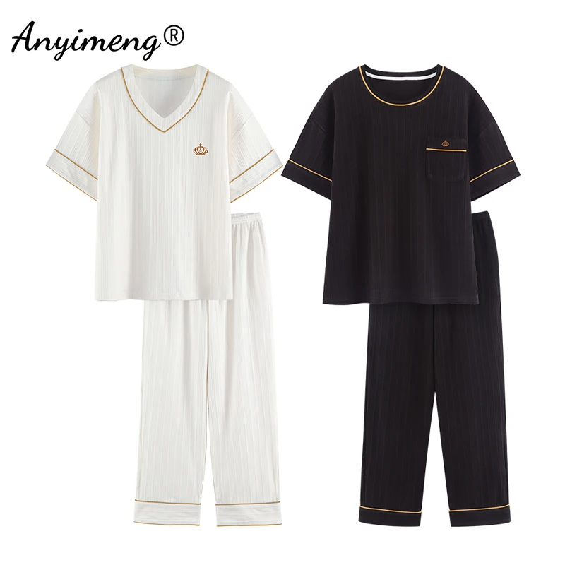 Couple Night Pijamas Sleepwear Waffle Cotton Men and Women Matching Home Suits Solid Black and White Crown Embroidery Pajama New
Couple Night Pijamas Sleepwear Waffle Cotton Men and Women Matching Home Suits Solid Black and White Crown Embroidery Pajama New