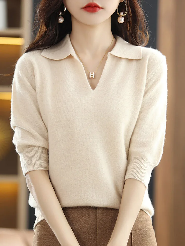 Korean Women Knitted Top Spring Autumn New Knitted Lapel Pullover Five-Point Sleeve Loose Sweater Bottoming Top Women
Korean Women Knitted Top Spring Autumn New Knitted Lapel Pullover Five-Point Sleeve Loose Sweater Bottoming Top Women