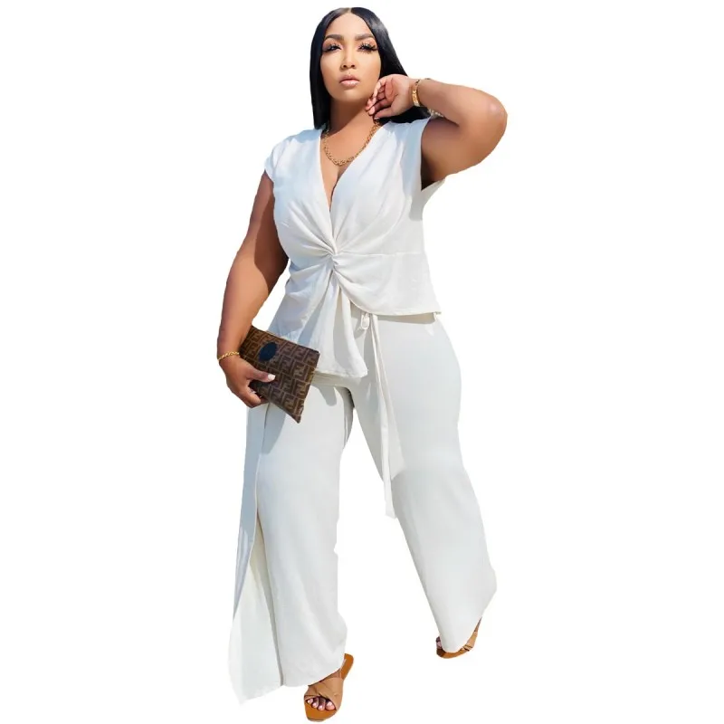 Women Two Piece Set Sleeveless Deep V Neck With Knot Tops Outfits Summer New Fashion Street Style Casual Wide Leg Pant Suits Set
Women Two Piece Set Sleeveless Deep V Neck With Knot Tops Outfits Summer New Fashion Street Style Casual Wide Leg Pant Suits Set
