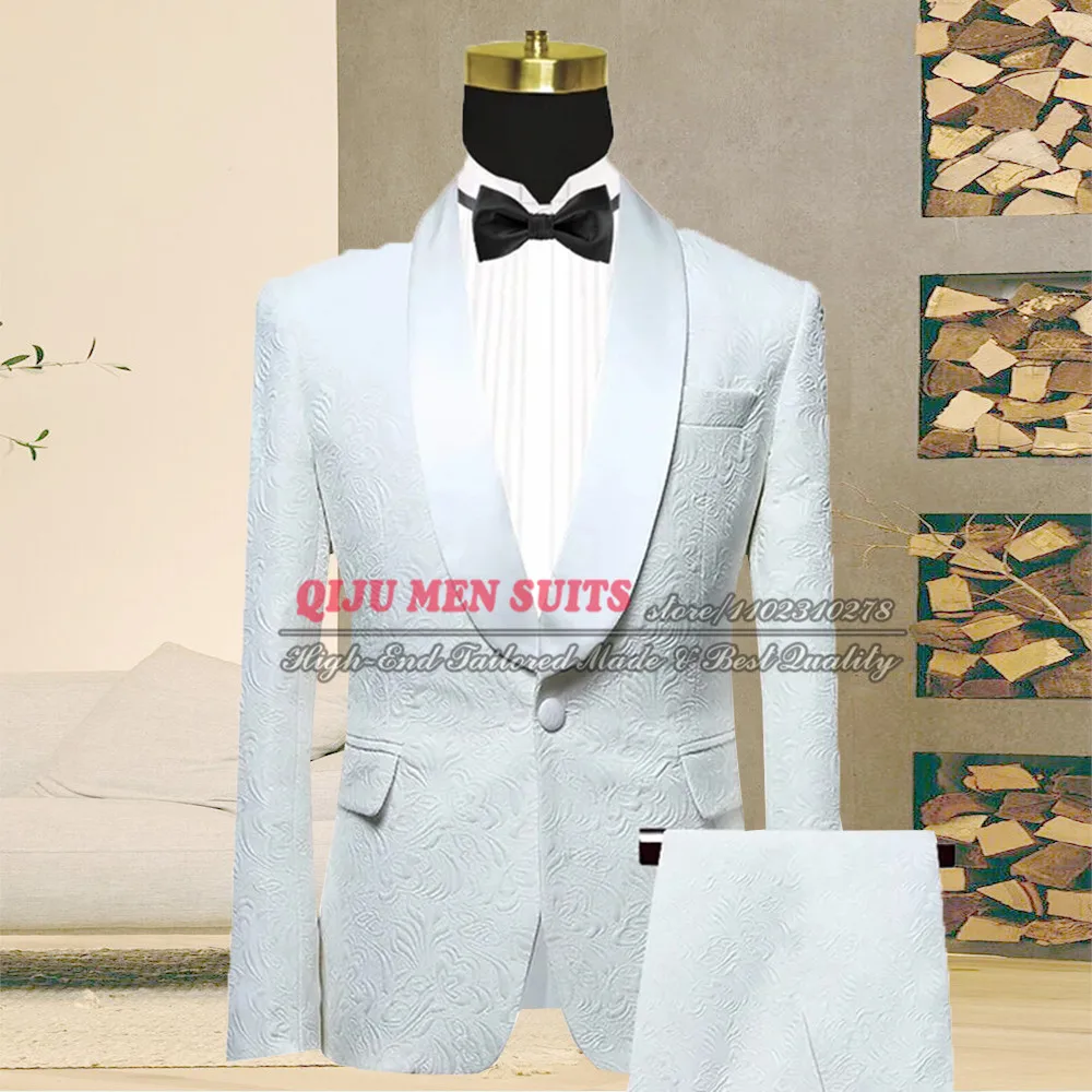 

Мужской Жаккардовый Свадебный костюм, белый облегающий атласный блейзер с заостренным носком и брюки, однобортный пиджак для официальной вечеринки, смокинг, 2019