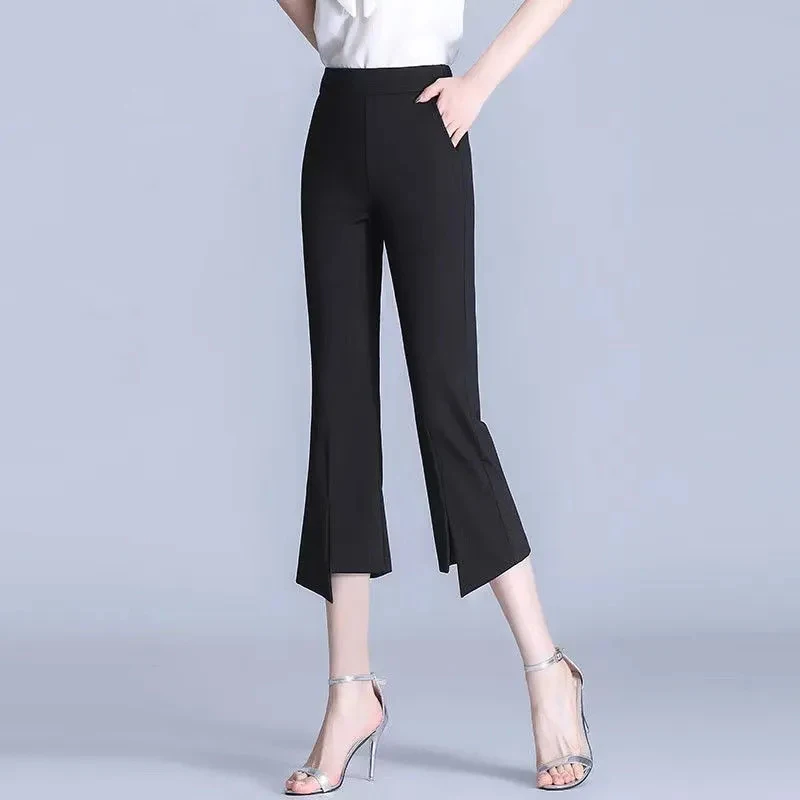 Solid Womens Pants Fashion Flared Bottom Slit Split Cropped Pants Elastic Waist stretch Solid Female 2023 Summer Pants M-4XL
Solid Womens Pants Fashion Flared Bottom Slit Split Cropped Pants Elastic Waist stretch Solid Female 2023 Summer Pants M-4XL