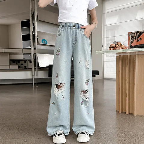 2024 летние тонкие модные свободные прямые брюки для девочек джинсы с дырками для подростков Повседневная Уличная одежда простые детские брюки