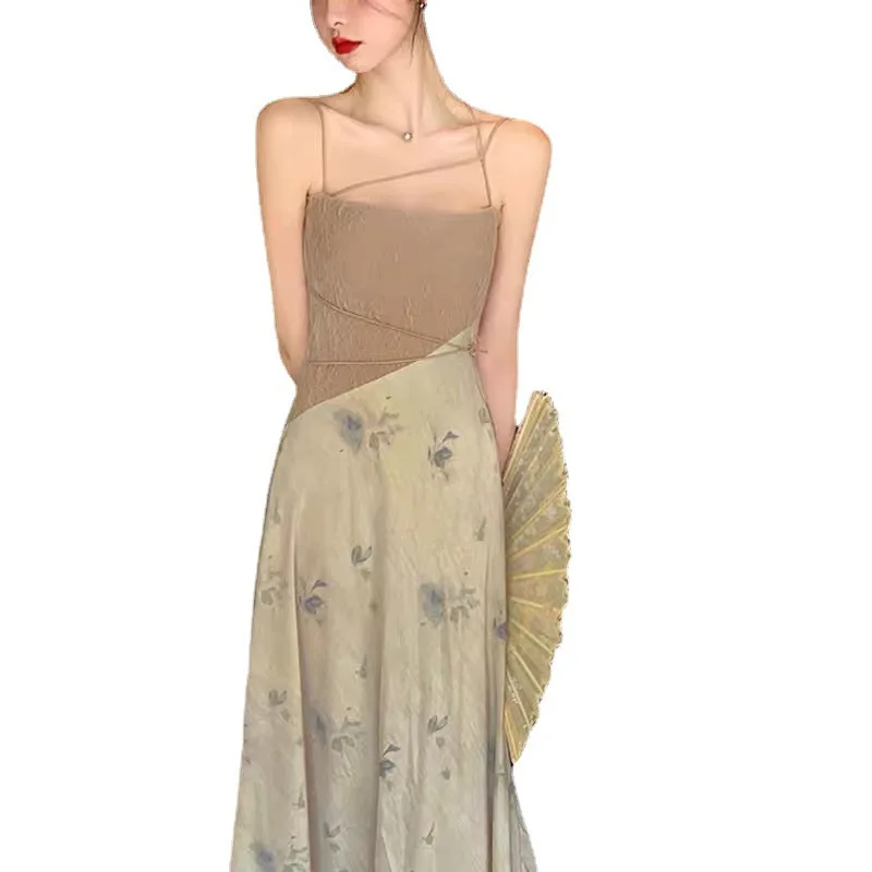 

Ink halo dyed suspender dress female spring and summer lady's gentle wind retro broken flower skirt