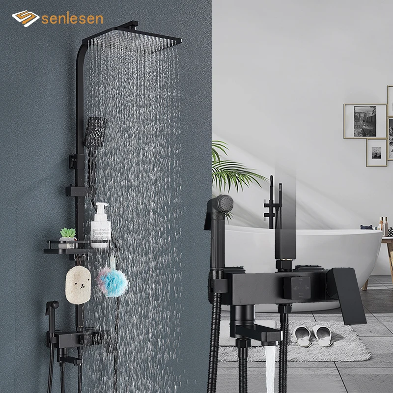 

Senlesen Brass Shower Faucets Bathroom Shower Mixer Crane Bidet Faucet Rainfall Shower Set Shower Spray With Shelf,Black/Chrome