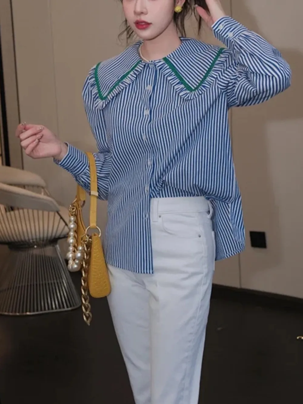 Women Contrast Color Peter Pan Collar Striped Shirt 2023 Spring Summer New Ladies Single-Breasted Long-Sleeved Sweet Blouse
Women Contrast Color Peter Pan Collar Striped Shirt 2023 Spring Summer New Ladies Single-Breasted Long-Sleeved Sweet Blouse
