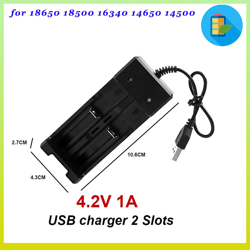 

4.2V Charger 1A USB 2 Slot 18650 Lithium Battery Fast Charging Universal with Wire and LED for 18650 18500 16340 14650 14500