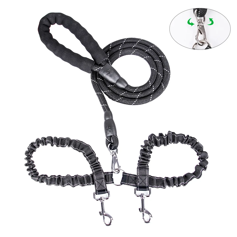 

New pet double headed traction rope dog telescopic one drag two dog rope anti impact explosion reflective dog chain dog harness