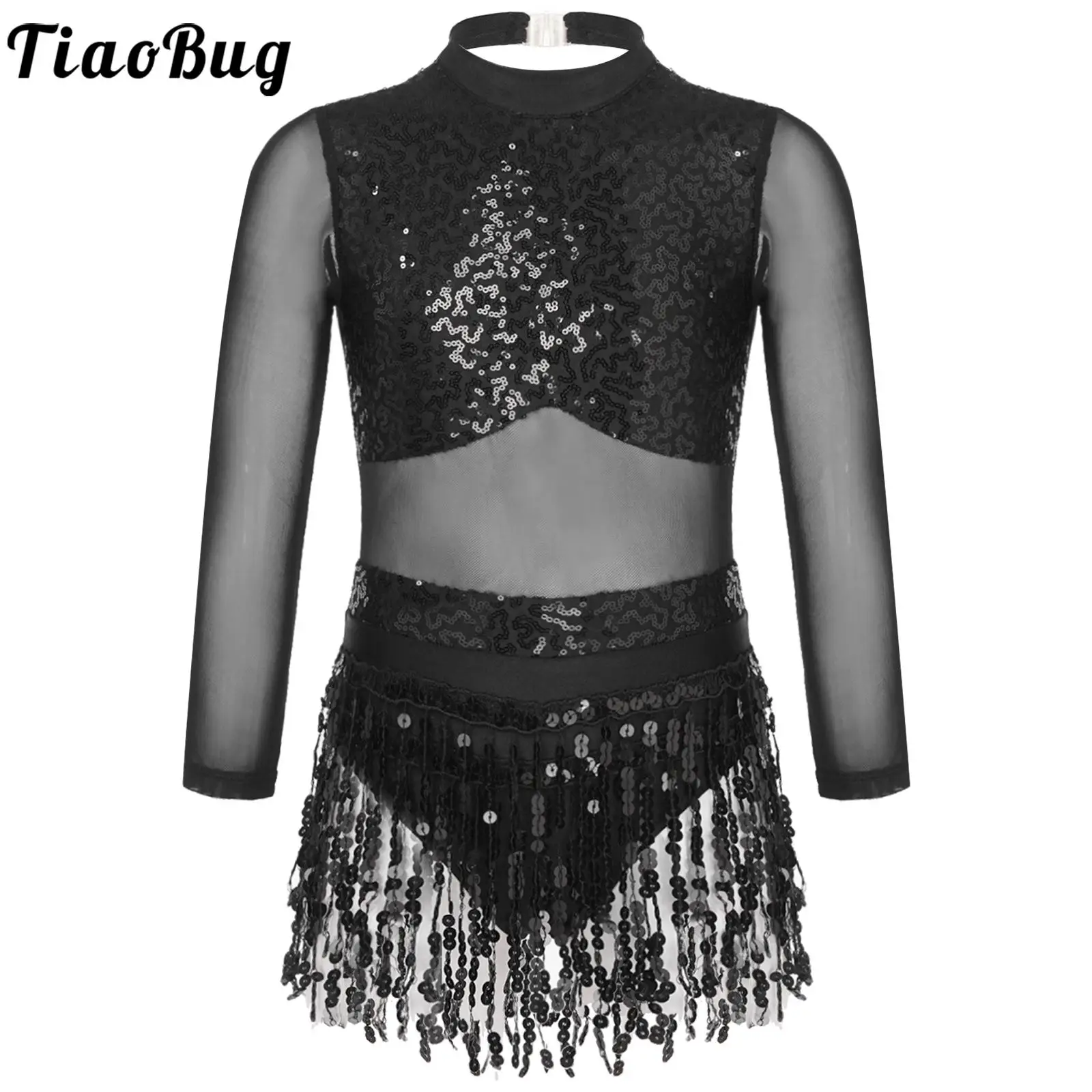 Kids Girls Sheer Mesh Long Sleeve Hollow Back Shiny Sequins Tassel Dance Dress for Latin Jazz Ballet Performance Competition
Kids Girls Sheer Mesh Long Sleeve Hollow Back Shiny Sequins Tassel Dance Dress for Latin Jazz Ballet Performance Competition