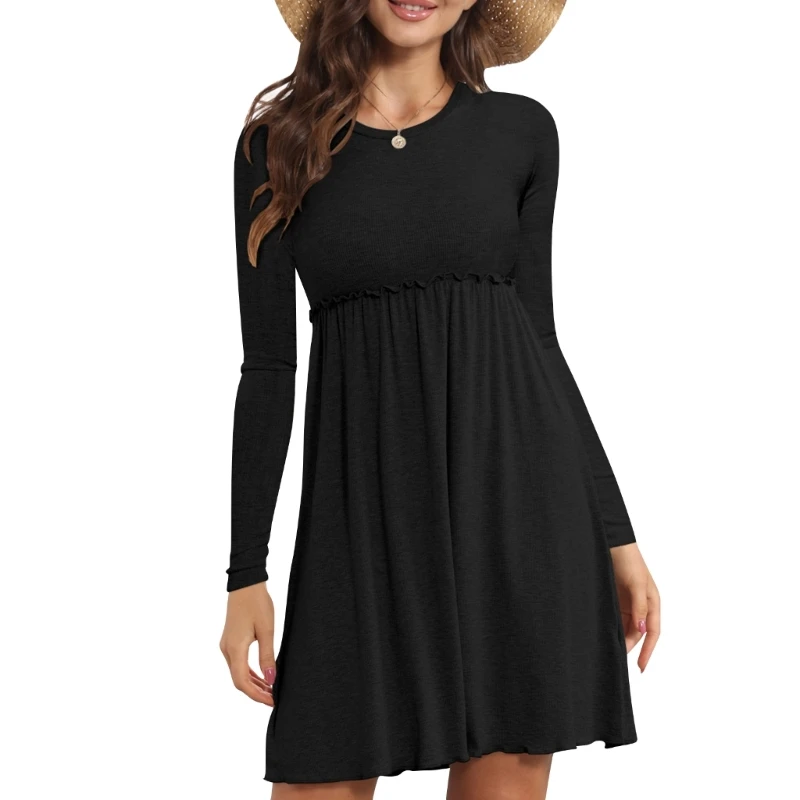 

Women Long Sleeve Ribbed Casual Swing A-Line Mini Dress Solid Color Round Neck Ruffled Empire High Waist Tunic Dresses