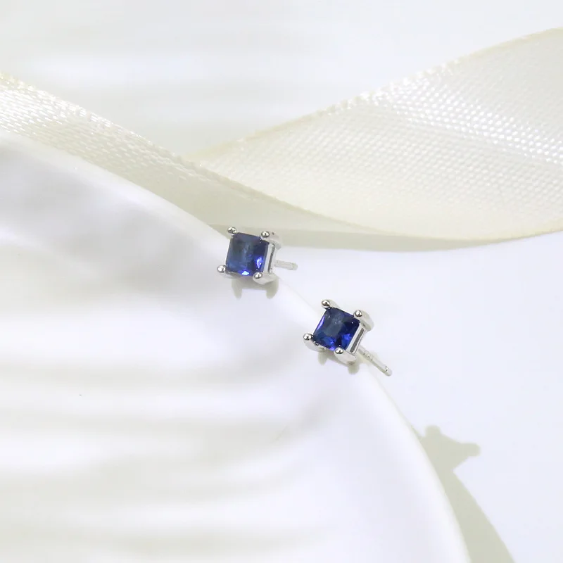 

925 Sterling Silver Stud Earrings for Women Fashion Gemstones JewelryPalace Square Princess Cut Blue Created Sapphire