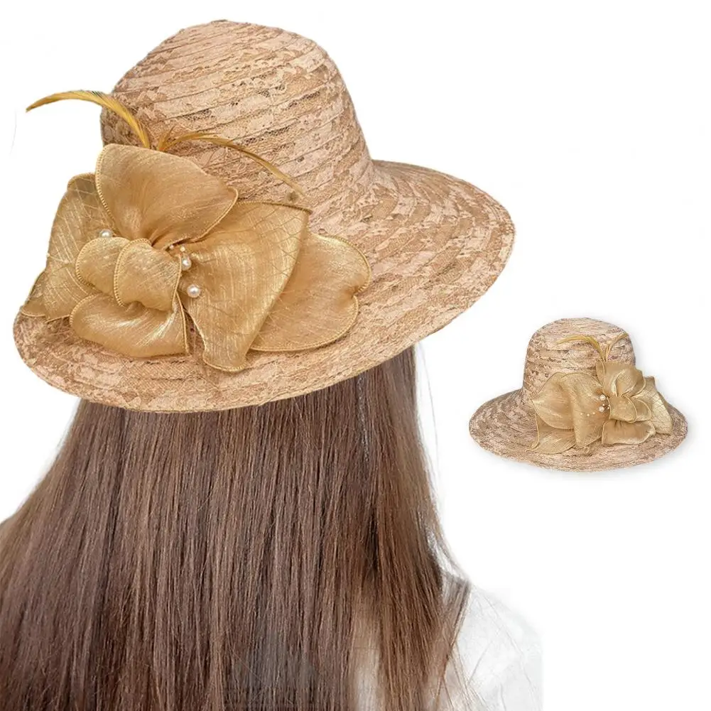 

Beach Fascinator Hat Elegant Wide Brim Lace Stitching Beach Fascinator Hat with Faux Pearls Flower Decor Summer Women's Bucket