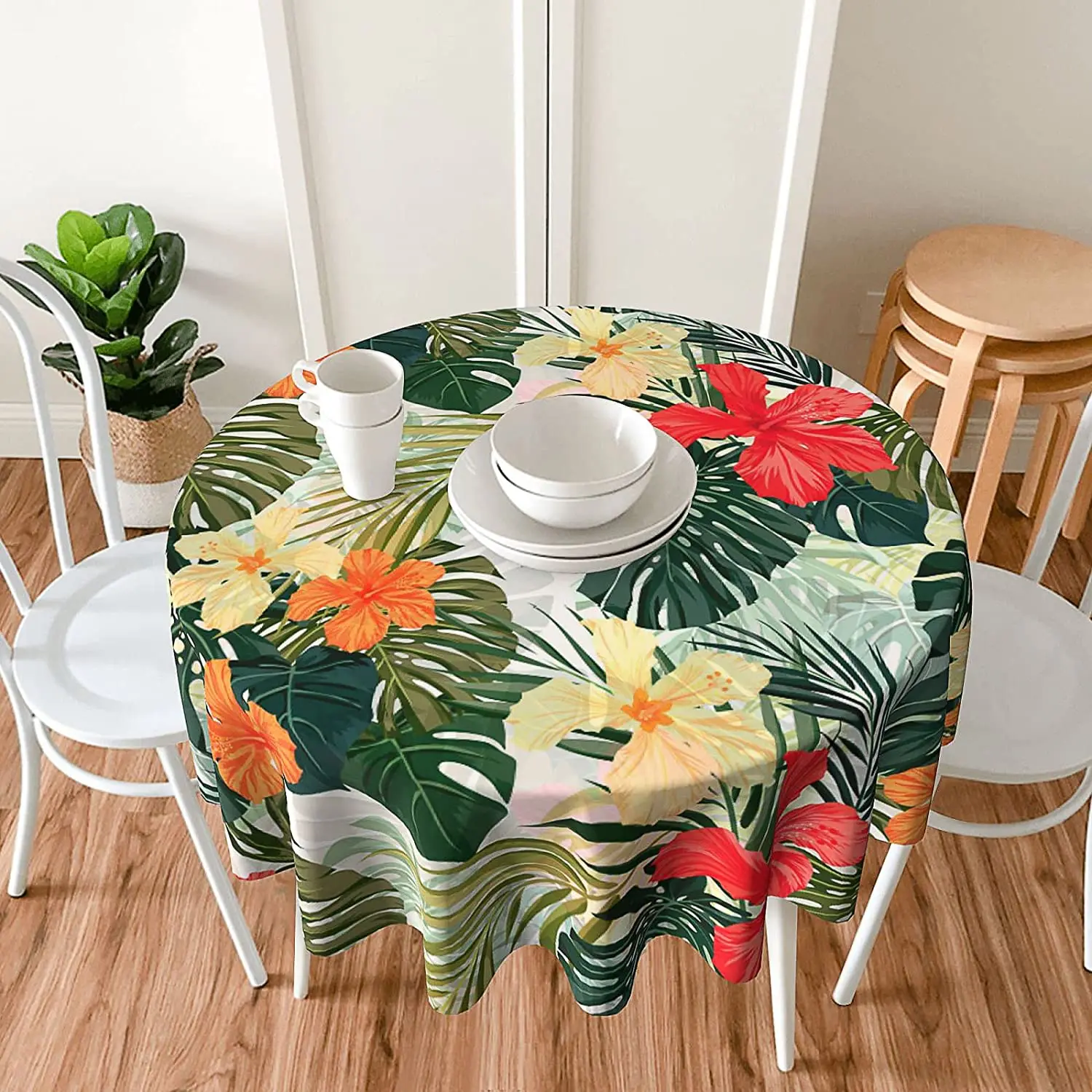 

Hawaiian Palm Tropical Tablecloth Round Waterproof Summer Plants Hibiscus Flowers Leaf Table Cloth for Picnic Party Holiday Home