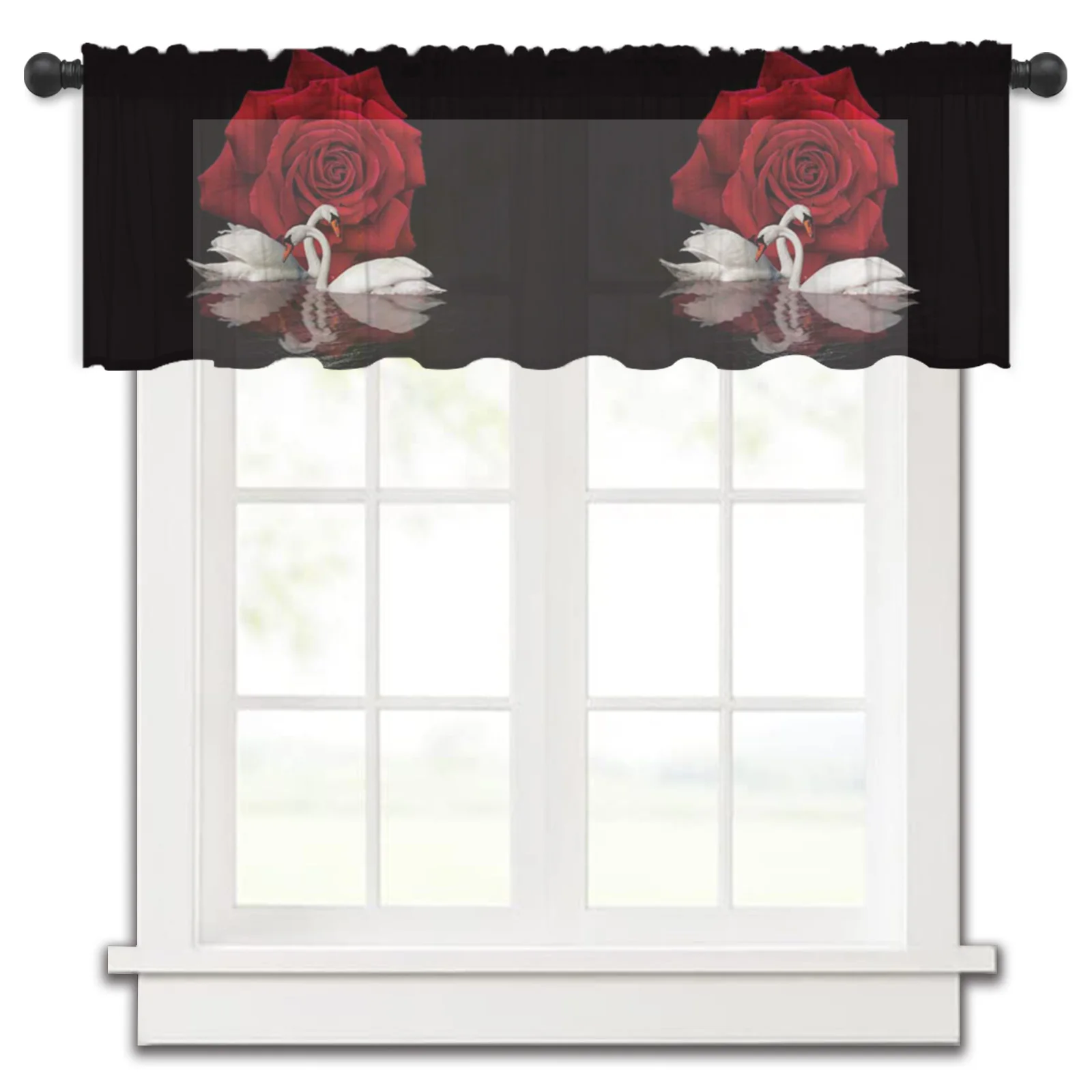 

Valentine'S Day Roses Swan Lake Kitchen Small Curtain Tulle Sheer Short Curtain Bedroom Living Room Home Decor Voile Drapes