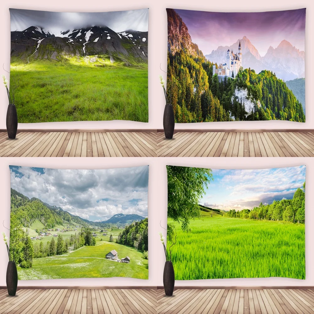 

Landscape Tapestry Mountain Highlands Rural Scenery Green Forest Wide Wall Hanging Tapestries for Bedroom Living Room Dorm Decor
