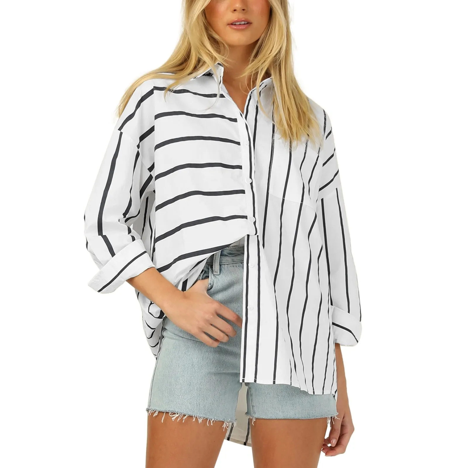 Women Elegant Striped Shirt Blouse Ladies Turn-Down Collar Oversized Long Sleeve Blouses Fall Loose Shirt Tops With Pockets Tops
Women Elegant Striped Shirt Blouse Ladies Turn-Down Collar Oversized Long Sleeve Blouses Fall Loose Shirt Tops With Pockets Tops