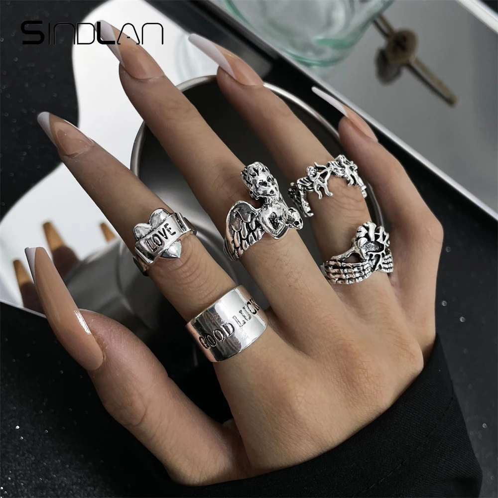 

Sindlan 5Pcs Punk Angel Heart Silver Color Rings for Women Gothic Skeleton Strange Things Set Couple Emo Jewelry Anillos Mujer