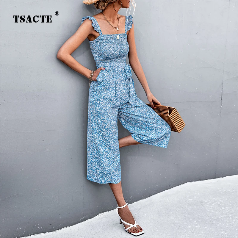 Комбинезон на бретельках из хлопка и льна, Модный повседневный свободный пляжный комбинезон с цветочным принтом, без рукавов, с широкими штанинами, весна 
Комбинезон на бретельках из хлопка и льна, Модный повседневный свободный пляжный комбинезон с цветочным принтом, без рукавов, с широкими штанинами, весна