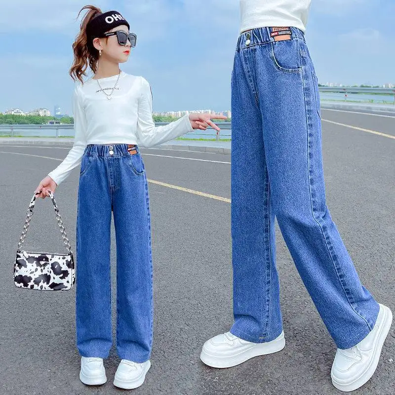 

Children Jeans Girls Wide-leg Pants Kids LooseTrousers Baby Straight Denim Pants Spring Autumn 4 To12 Year