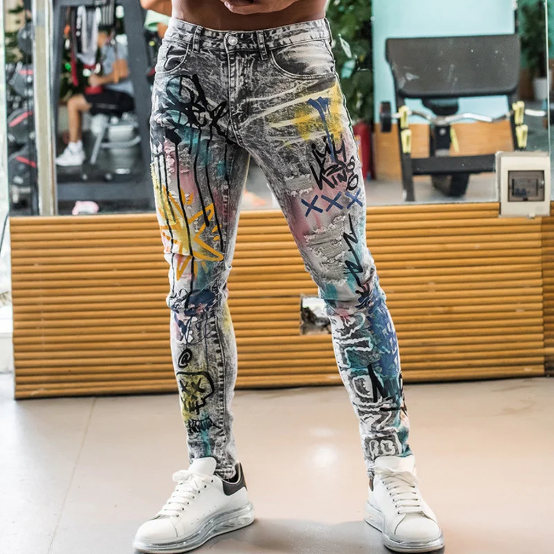 

Graphic Jean Spring Fashion Slim Straight Stretch Denim Pant Trousers For Men Fancy Color Tie Dye Print Hip Hop